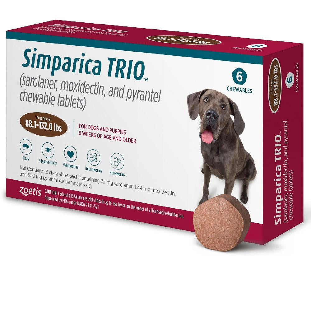 Simparica Trio Chewable Tablets for dogs, 6 pack, designed for dogs weighing 88.1-132 lbs, featuring a palatable liver flavor.