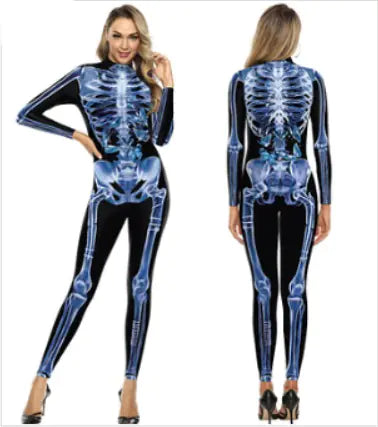 A striking Skeleton Halloween Costume featuring a full bodysuit with a vivid skeleton print and a matching mask, perfect for festive celebrations.