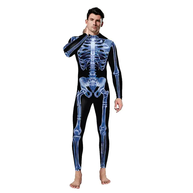 A striking Skeleton Halloween Costume featuring a full bodysuit with a vivid skeleton print and a matching mask, perfect for festive celebrations.