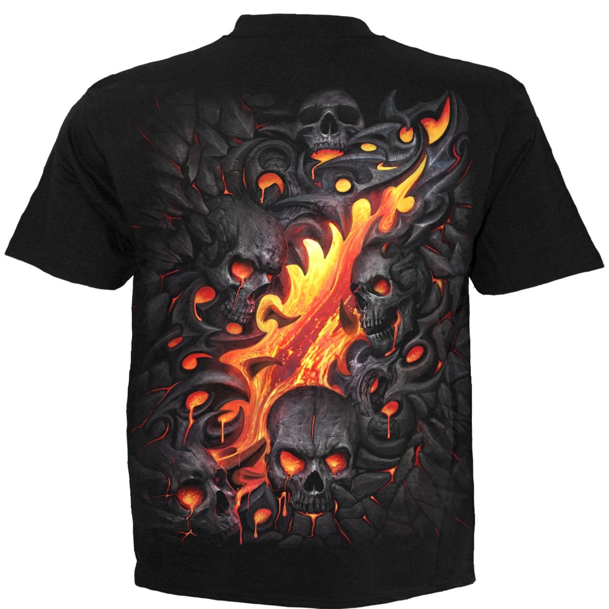 Black SKULL LAVA T-Shirt featuring a skull and tribal design with molten lava eyes, made from 100% cotton.