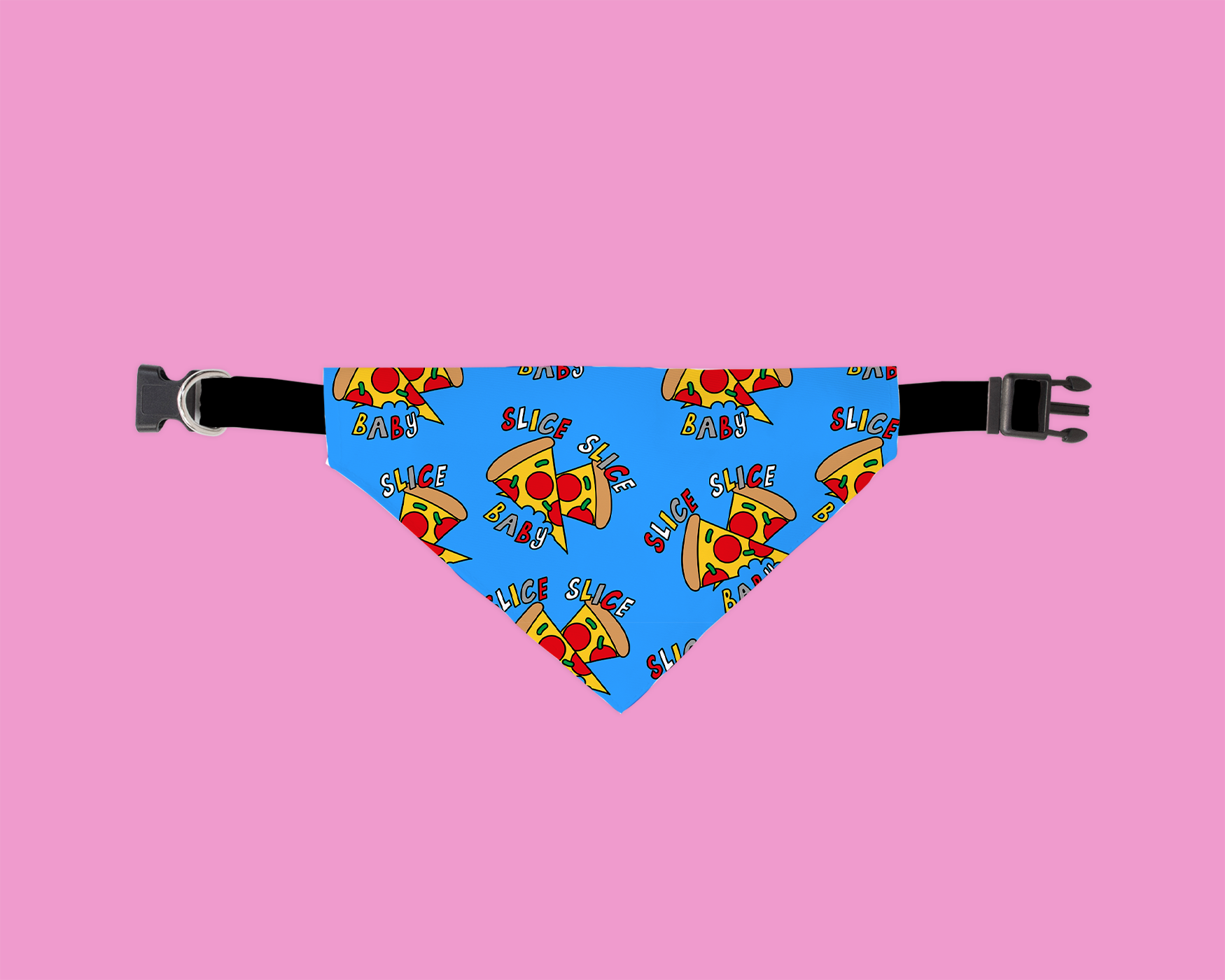 A colorful Slice Slice Baby Bandana for dogs, showcasing its unique fabric and slip-on design, perfect for stylish pets.