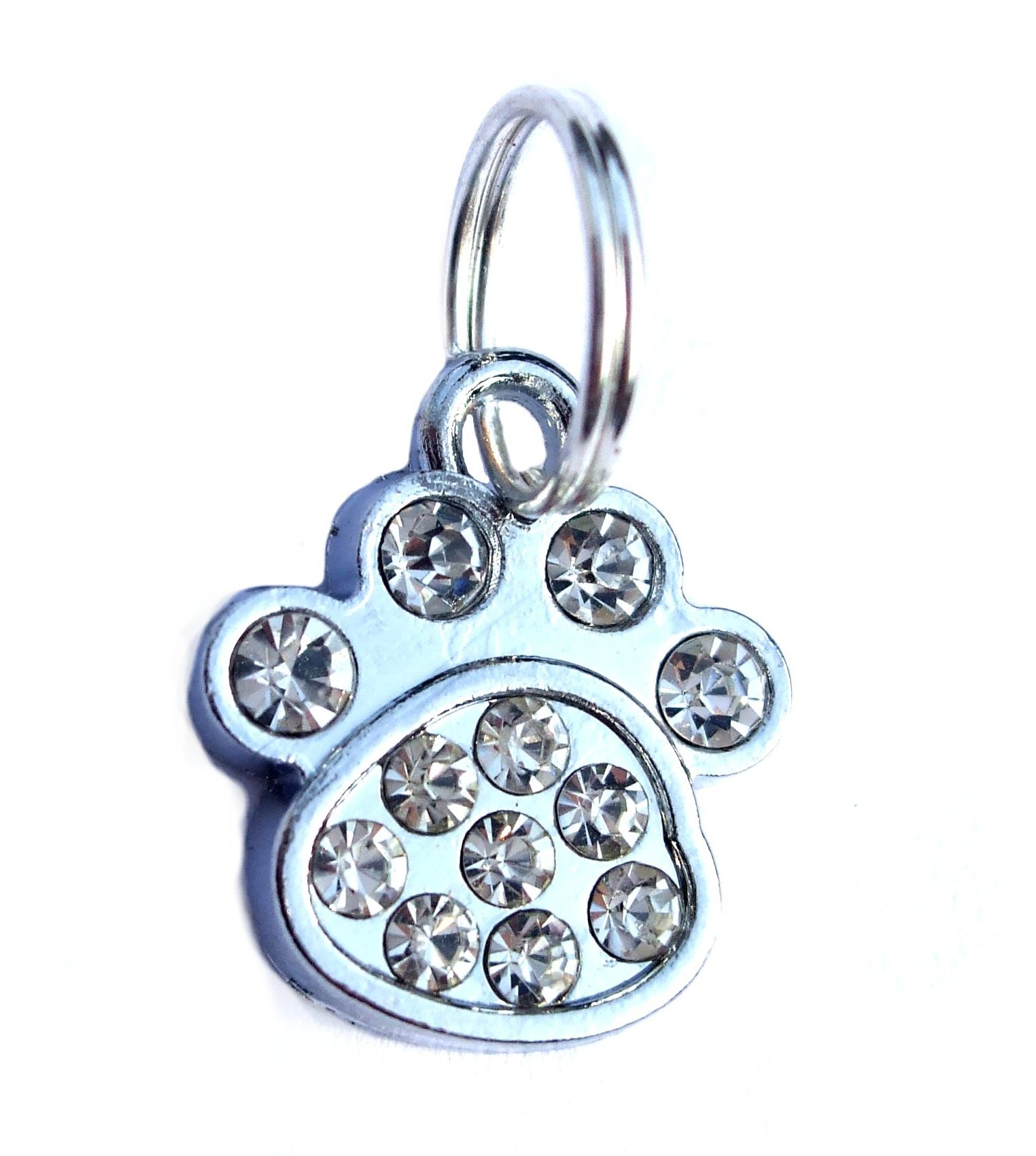 Small rhinestone paw charms for dogs and cats, featuring clear sparkling rhinestones and a lobster clasp for easy attachment.