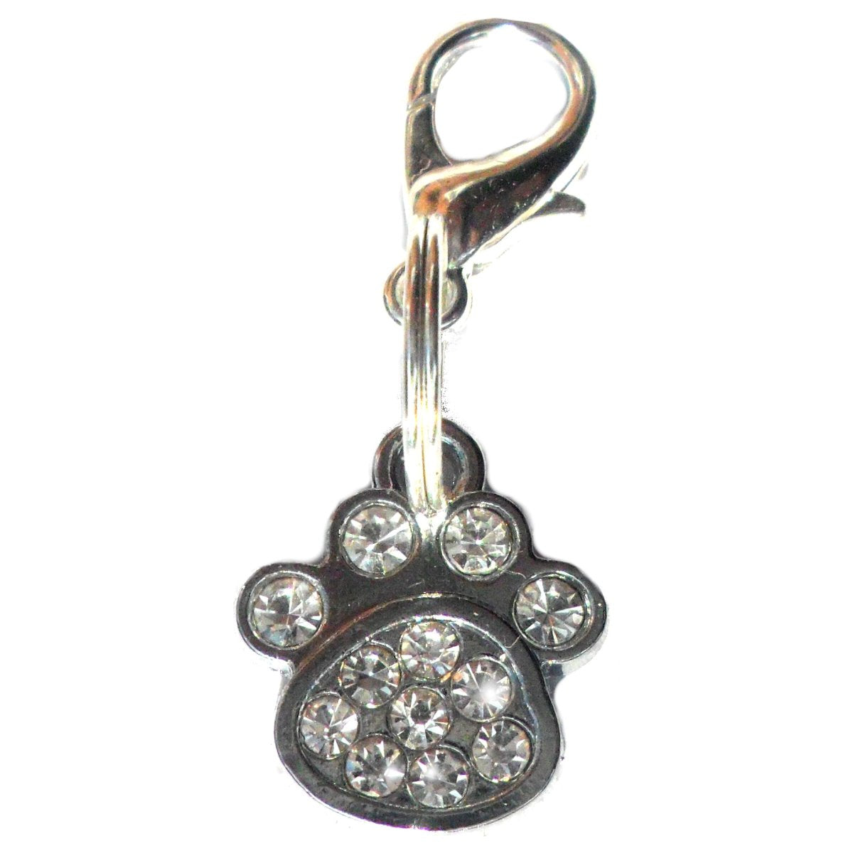Small rhinestone paw charms for dogs and cats, featuring clear sparkling rhinestones and a lobster clasp for easy attachment.