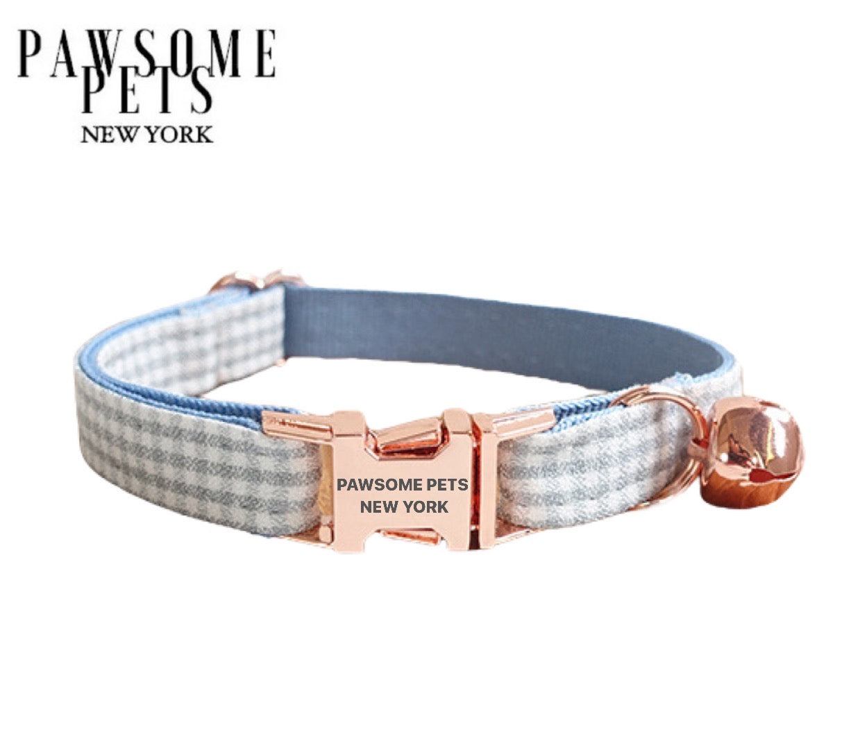Small size dog and cat collar in blue grey stripe, featuring adjustable nylon webbing and quick-use buckle.