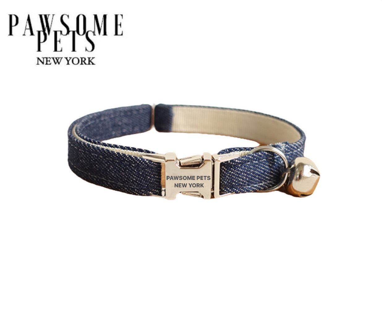 Small size dog and cat collar in dark blue jeans, featuring adjustable nylon webbing and a quick-use buckle.