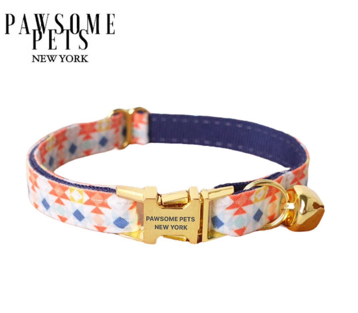 Small size dog and cat collar in gamboge color with blue accents, featuring an adjustable design and quick-use buckle.