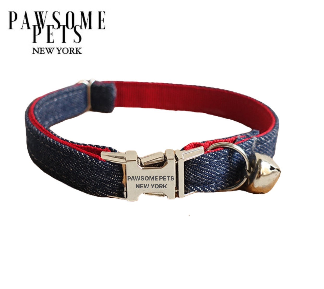Small size dog and cat collar in jeans blue with red accents, featuring a quick-use buckle and adjustable design.