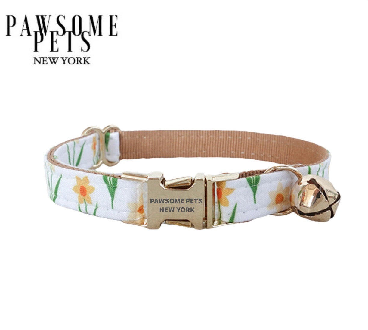 Small size dog and cat collar featuring a khaki floral design, adjustable nylon webbing, and quick-use buckle.