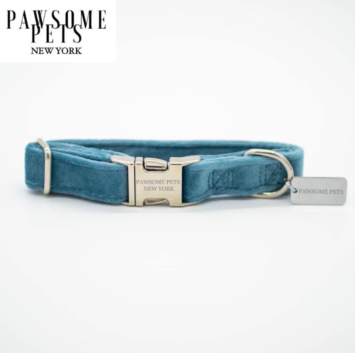 Small size dog and cat collar in sky blue velvet, fully adjustable for comfort, showcasing its luxurious texture and vibrant color.
