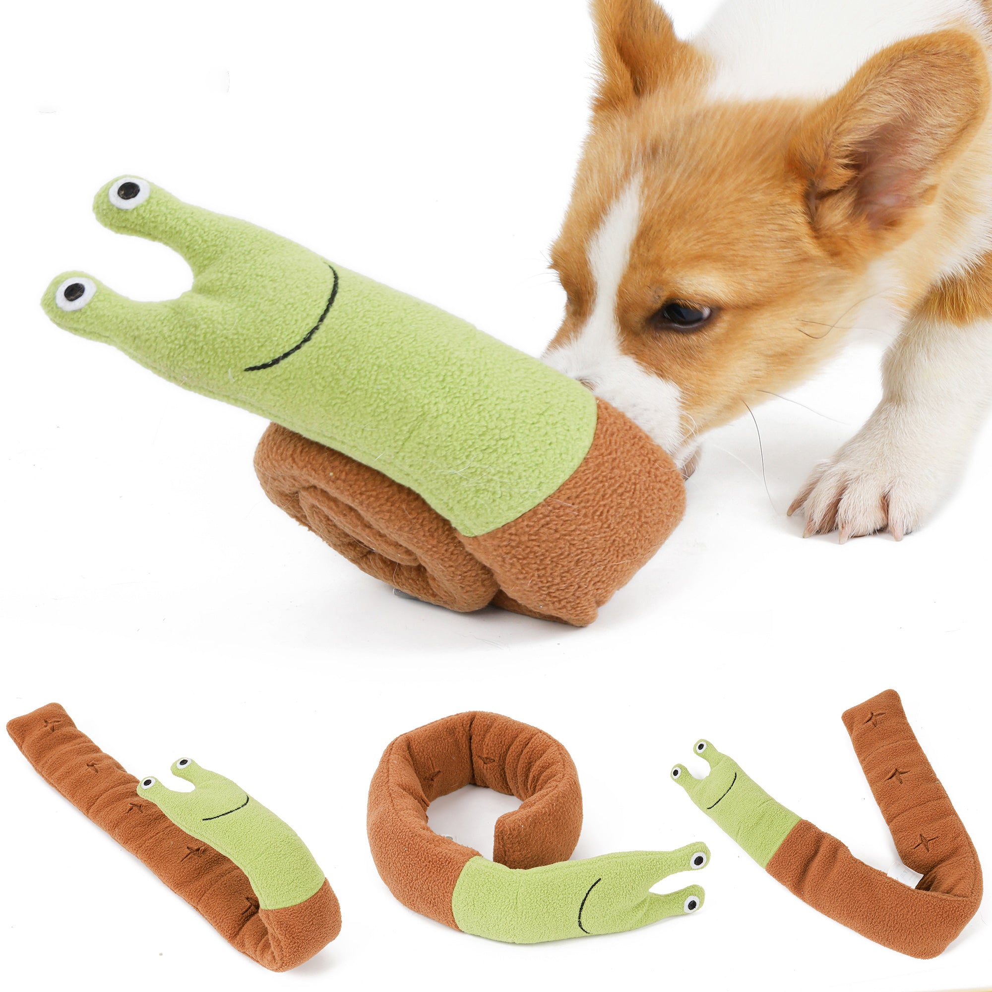 A colorful Snail Rollup snuffle toy designed for dogs, featuring multiple folds for hiding treats and promoting slow feeding.