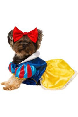 A small dog dressed in a Snow White costume, featuring a blue bodice and yellow skirt, looking adorable and ready for a celebration.