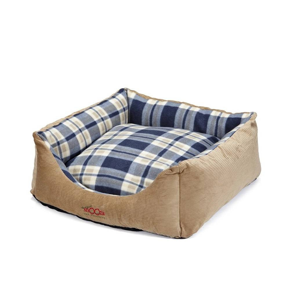 Snooza Futon Jacks Town & Country Bed Large with tan cord exterior and blue check polarfleece cushion, designed for pet comfort.