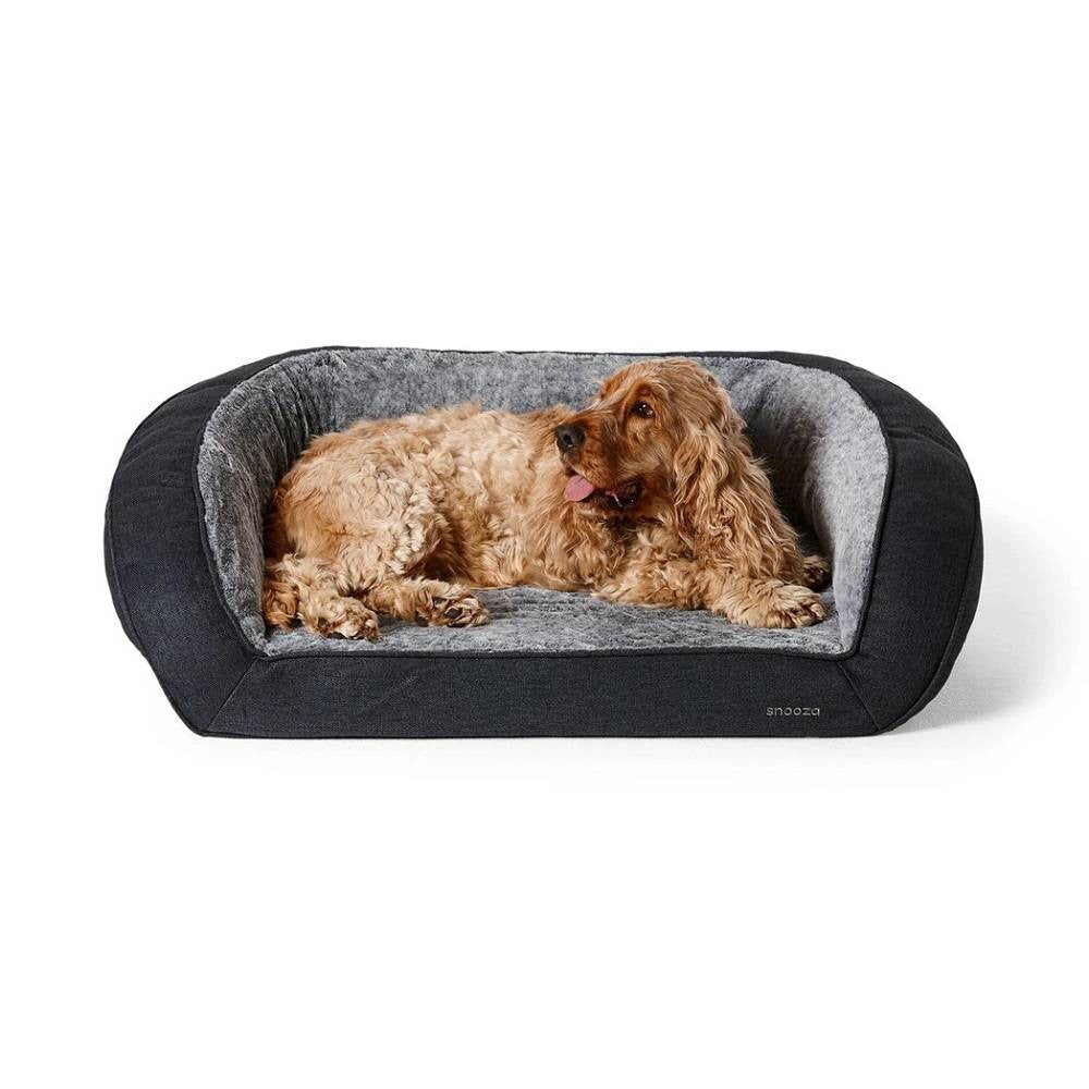 Snooza Futon Orthopaedic Dog Sofa in Chinchilla color, featuring plush bolstered walls and a comfortable foam base, perfect for dogs of all sizes.