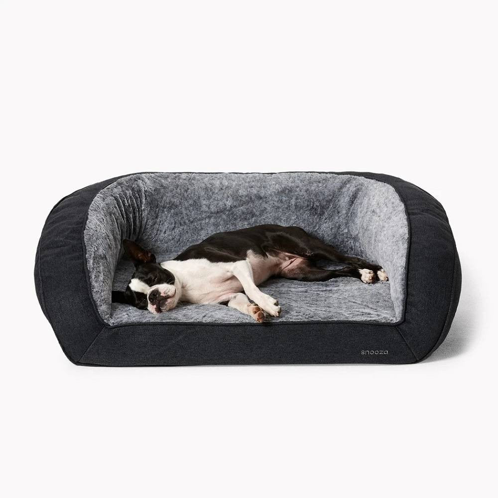 Snooza Futon Orthopaedic Dog Sofa in Chinchilla color, featuring plush bolstered walls and a comfortable foam base, perfect for dogs of all sizes.