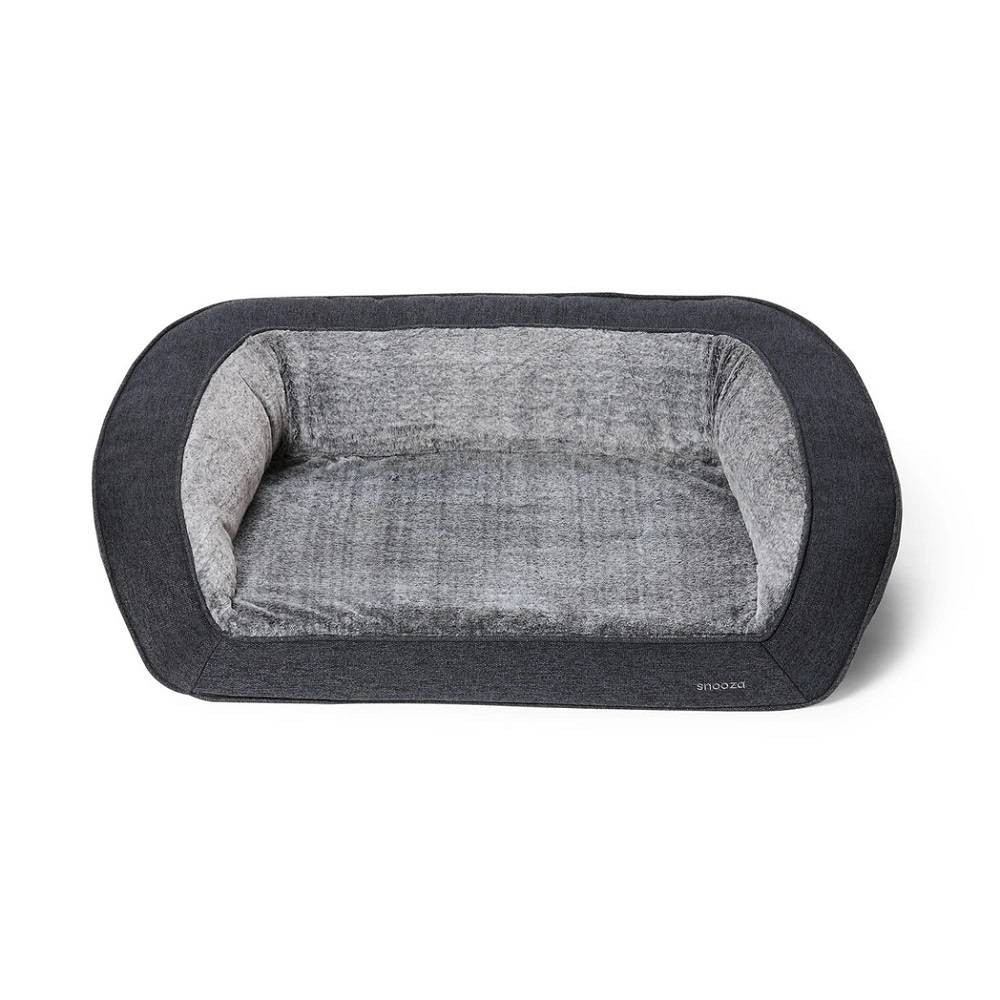 Snooza Futon Orthopaedic Dog Sofa in Chinchilla color, featuring plush bolstered walls and a comfortable foam base, perfect for dogs of all sizes.