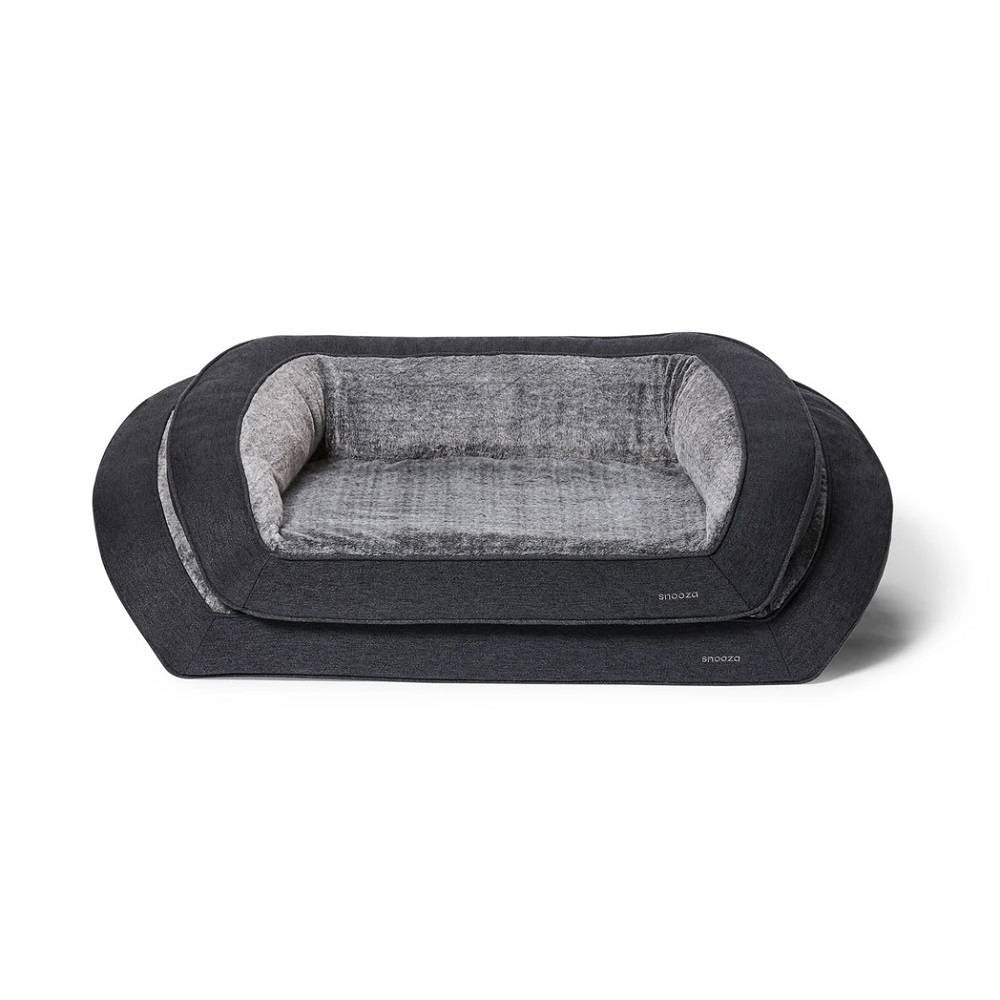 Snooza Futon Orthopaedic Dog Sofa in Chinchilla color, featuring plush bolstered walls and a comfortable foam base, perfect for dogs of all sizes.