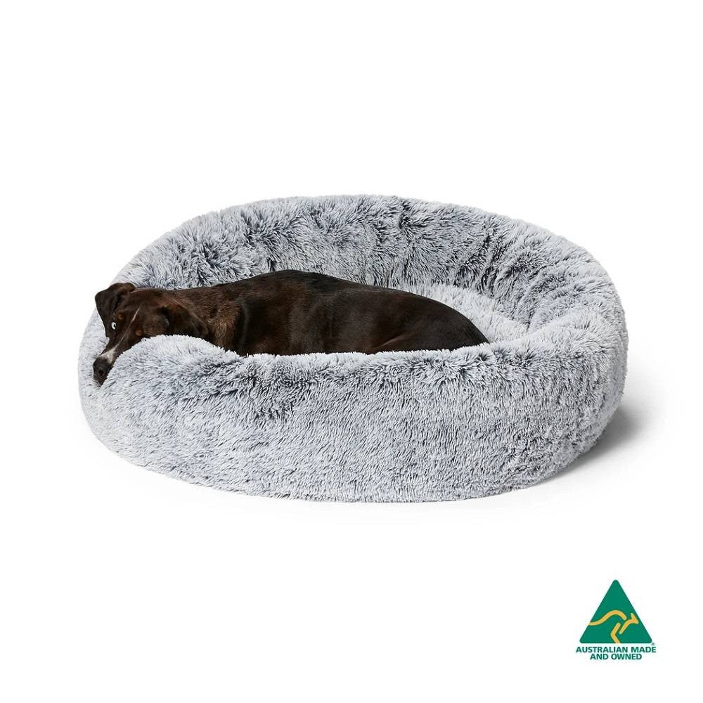 Snooza Futon Soothing & Calming Cuddler in Silver Fox, featuring soft faux fur and raised walls for pet comfort.