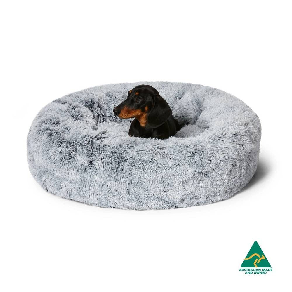 Snooza Futon Soothing & Calming Cuddler in Silver Fox, featuring soft faux fur and raised walls for pet comfort.