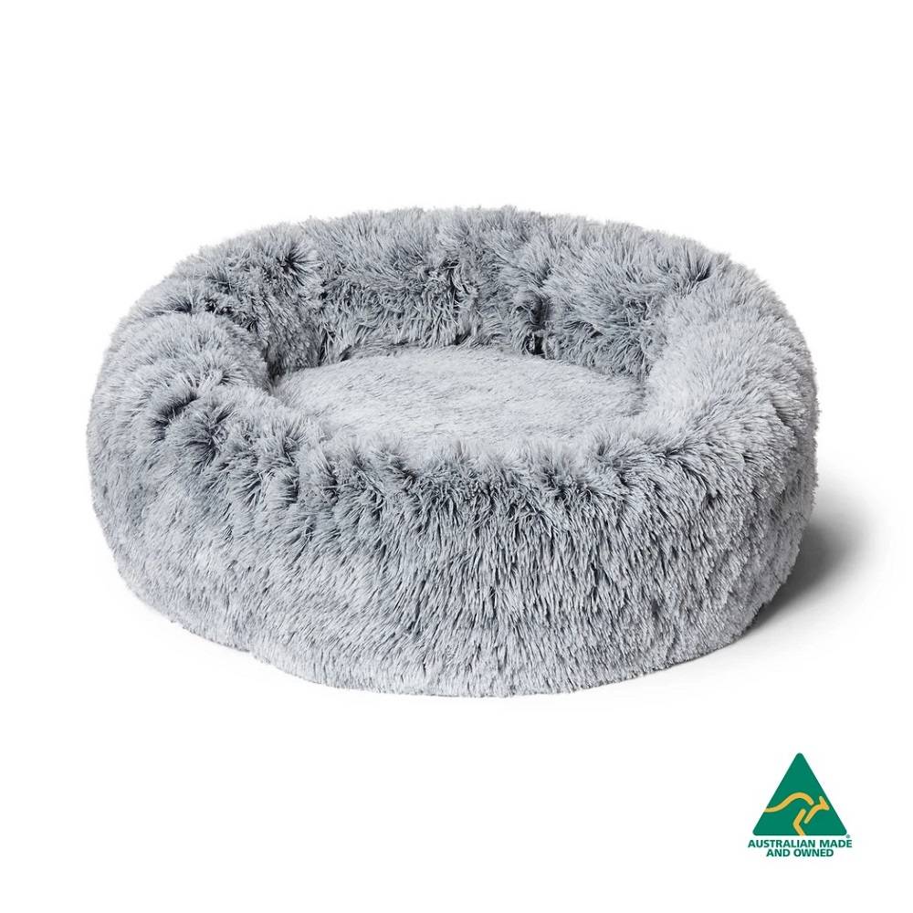 Snooza Futon Soothing & Calming Cuddler in Silver Fox, featuring soft faux fur and raised walls for pet comfort.