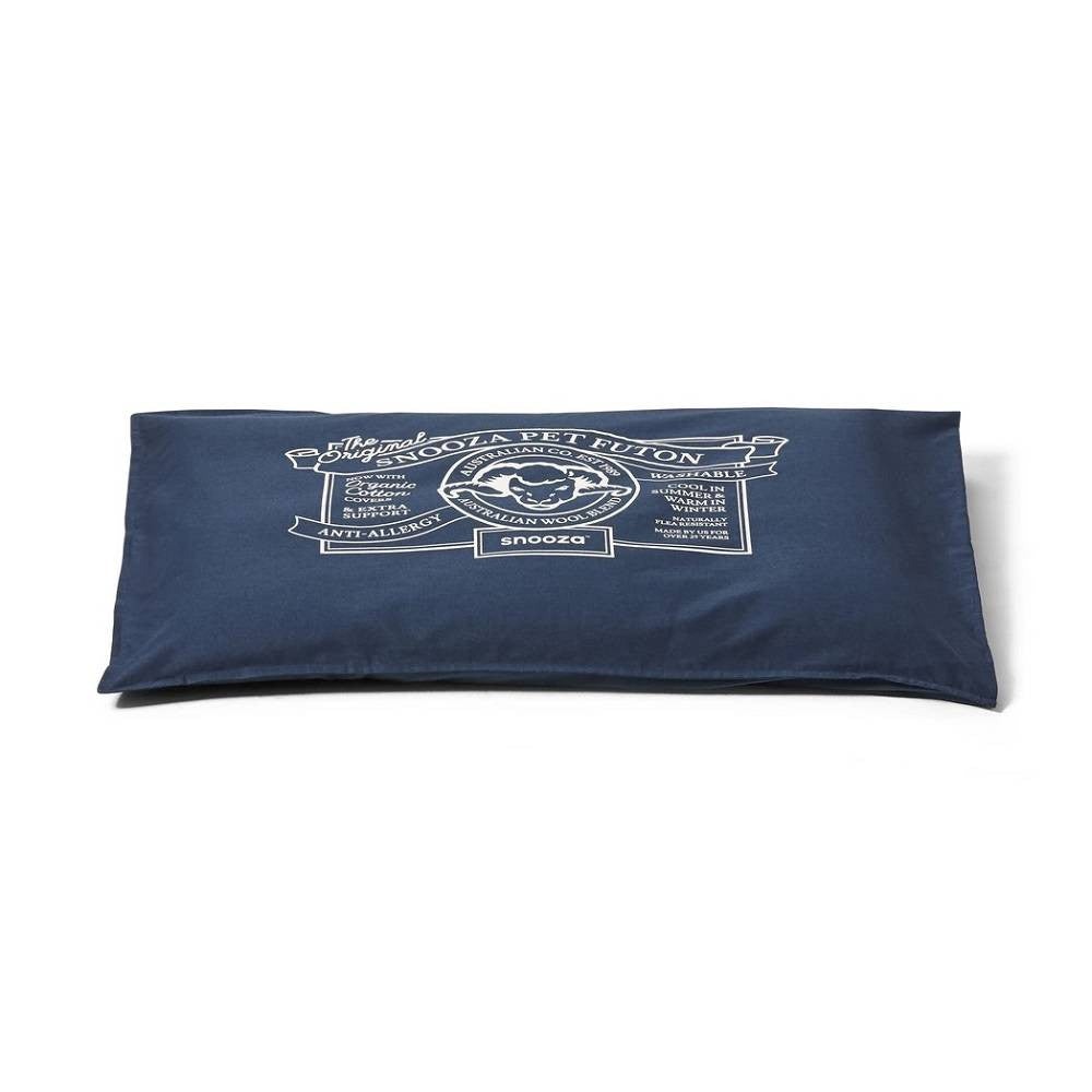 Snooza Organic Cotton Pet Futon in Blue Mighty with navy print, showcasing its soft texture and modern design.