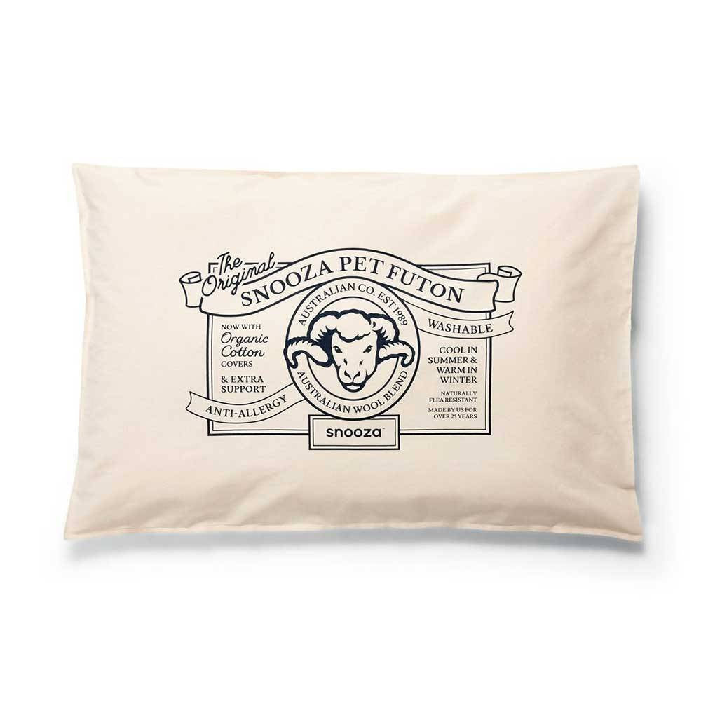 Snooza Organic Pet Futon Natural featuring navy print on organic cotton cover, designed for pet comfort and breathability.