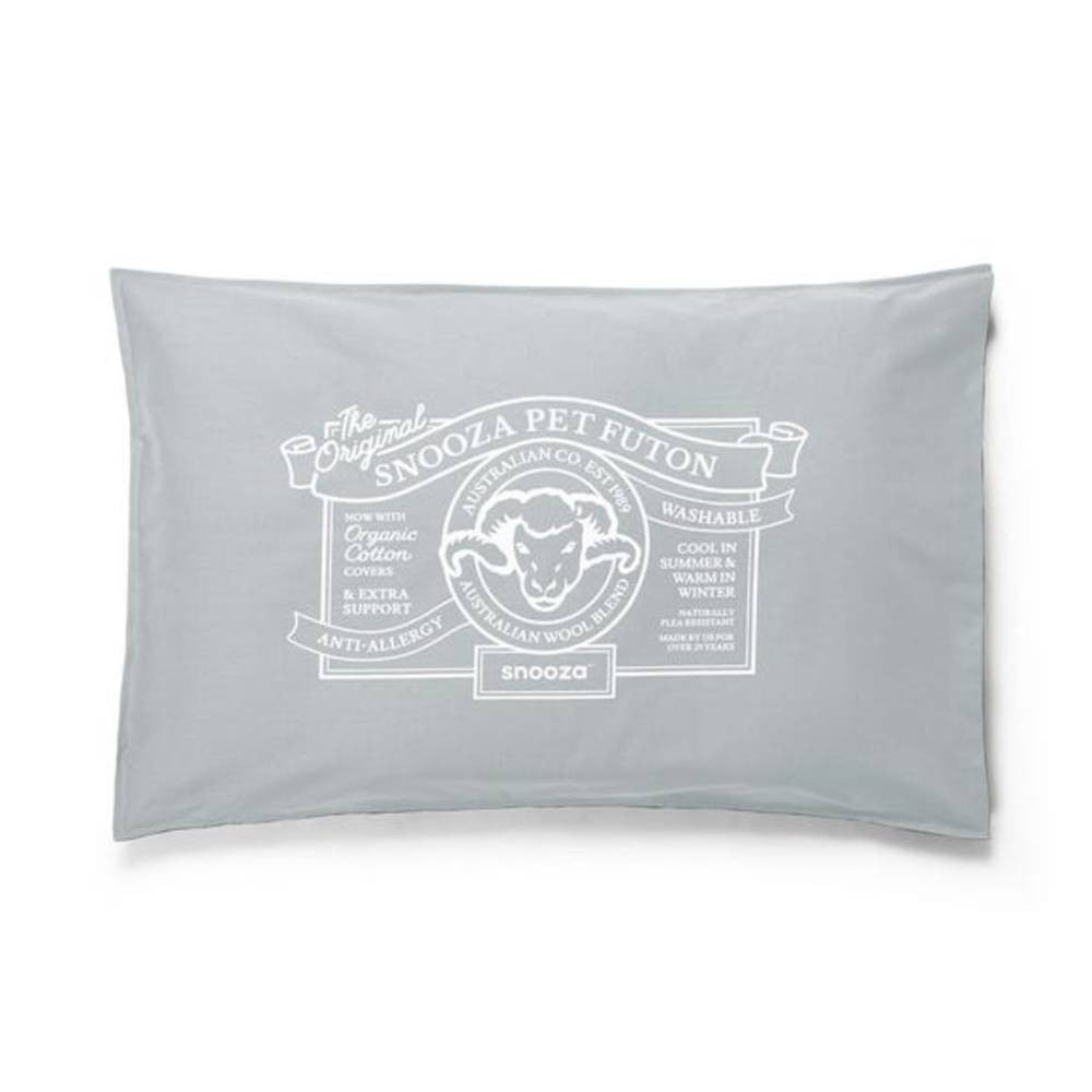 SNOOZA Pet Futon in Organic Ash with white print, showcasing its soft organic cotton cover and plush wool filling.