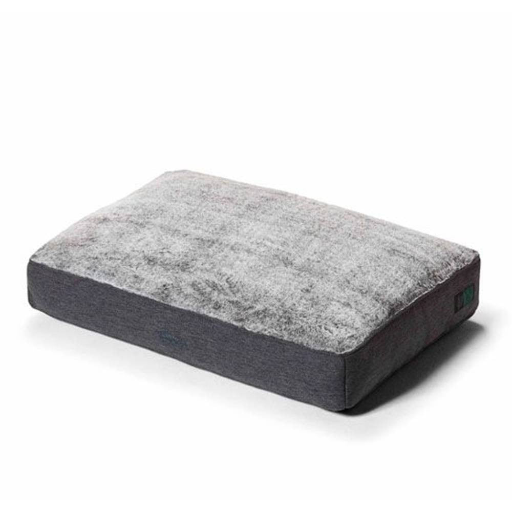 Snooza Shapes Oblong Bed in two-tone grey fabric with plush faux fur top, designed for pet comfort and style.