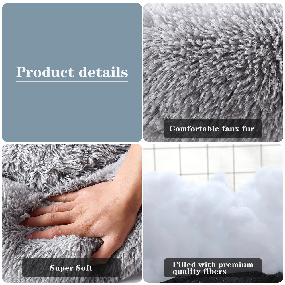 Soft Calming Donut Bed for Dogs and Cats, featuring a plush, fluffy design with raised edges for comfort and security.