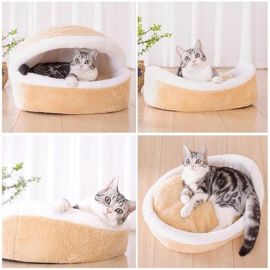 A soft and cute hamburger-shaped pet bed designed for small to medium pets, featuring a plush cotton fabric and anti-slip bottom.