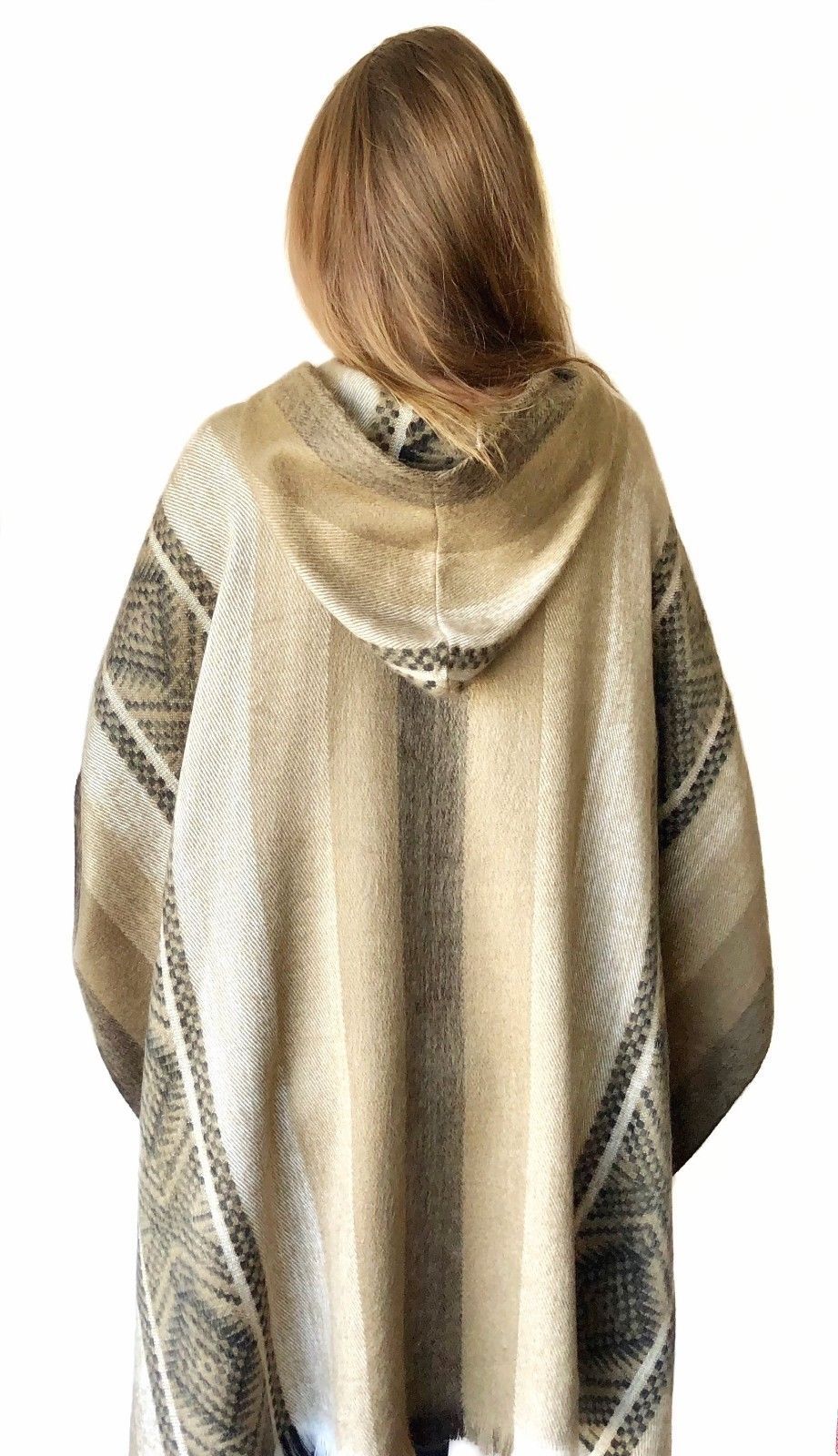Soft Gold Incan Alpaca Poncho featuring elegant gold patterns, made from 80% alpaca wool and 20% acrylic, handcrafted in Ecuador.
