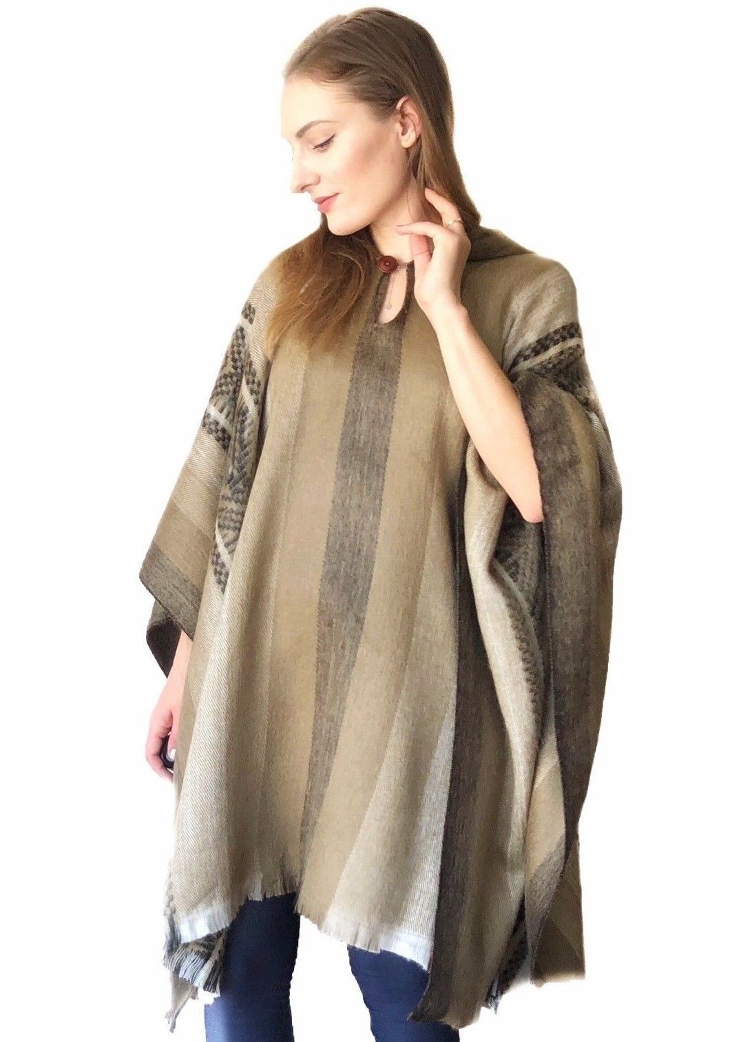 Soft Gold Incan Alpaca Poncho featuring elegant gold patterns, made from 80% alpaca wool and 20% acrylic, handcrafted in Ecuador.