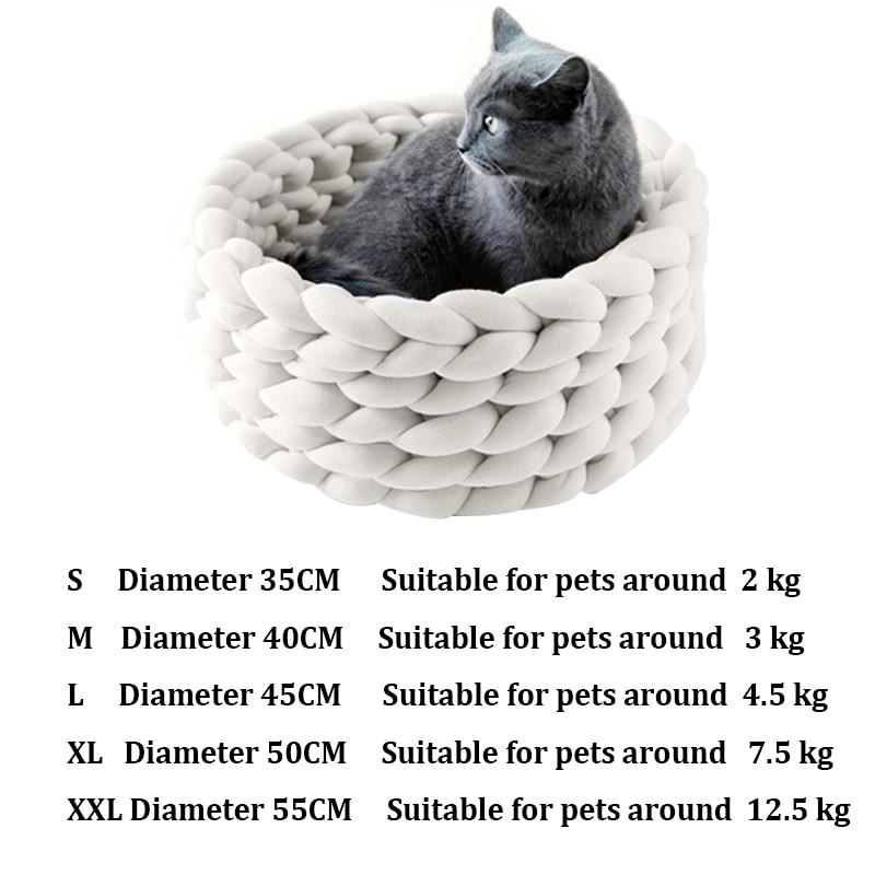 A cozy, handmade knit pet bed designed for small dogs and cats, featuring a soft, breathable fabric and a detachable design for easy washing.