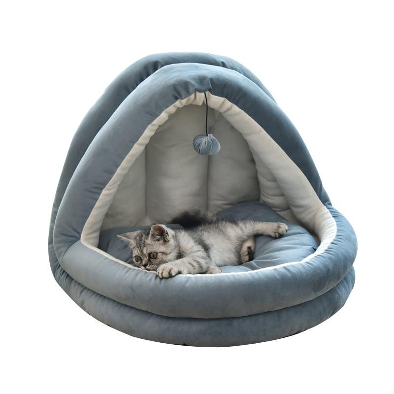 Soft Pet Cat Bed House with removable cushion, designed for winter comfort, featuring plush velvet material and cozy sleeping space for pets.