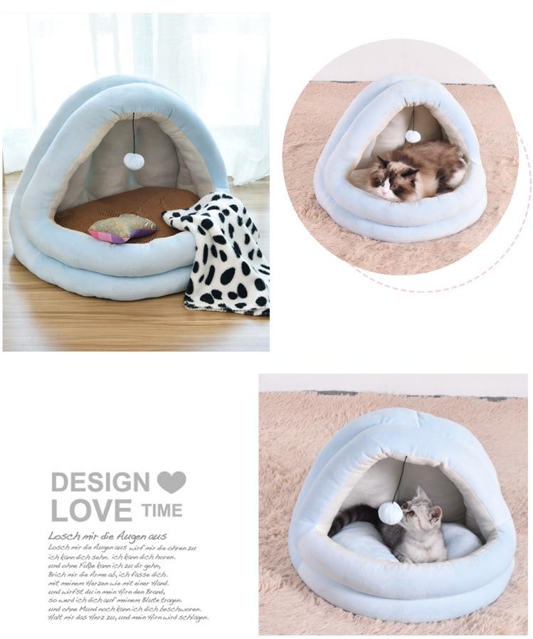 Soft Pet Cat Bed House with removable cushion, designed for winter comfort, featuring plush velvet material and cozy sleeping space for pets.
