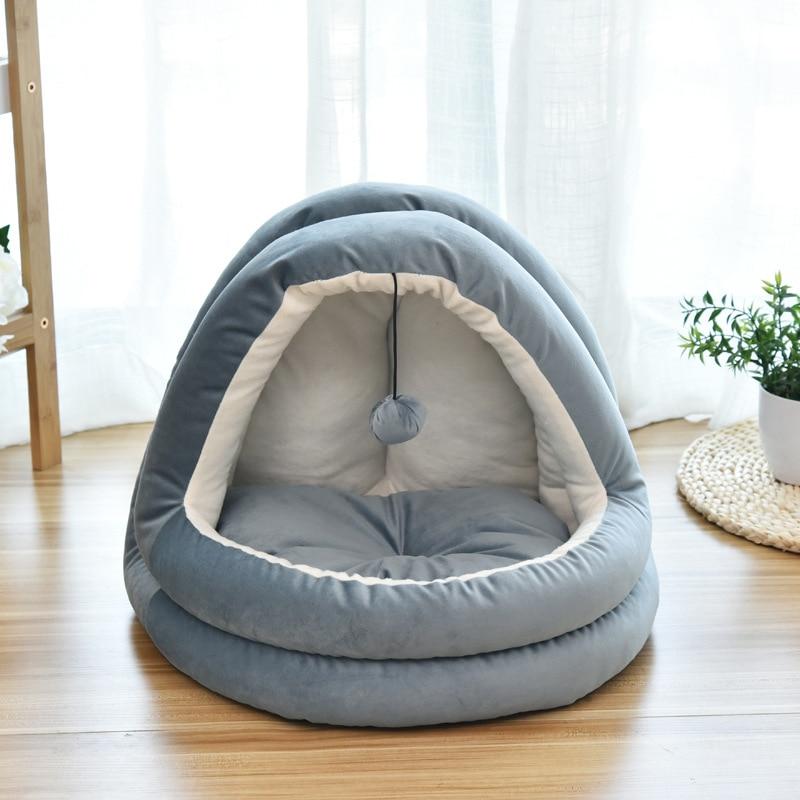 Soft Pet Cat Bed House with removable cushion, designed for winter comfort, featuring plush velvet material and cozy sleeping space for pets.