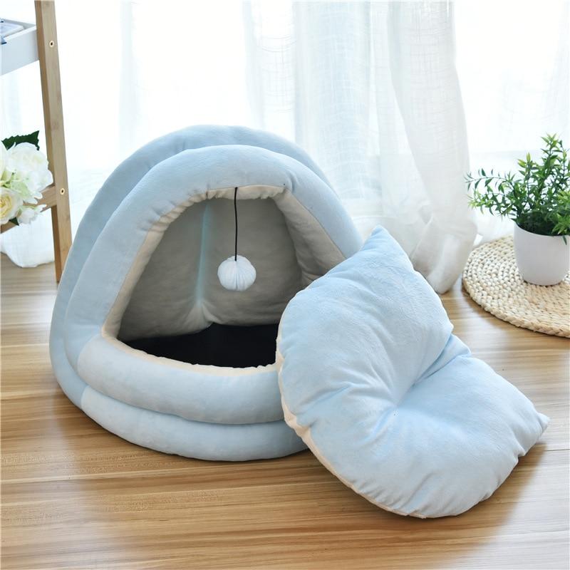 Soft Pet Cat Bed House with removable cushion, designed for winter comfort, featuring plush velvet material and cozy sleeping space for pets.