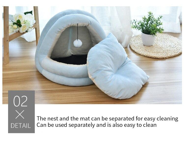 Soft Pet Cat Bed House with removable cushion, designed for winter comfort, featuring plush velvet material and cozy sleeping space for pets.