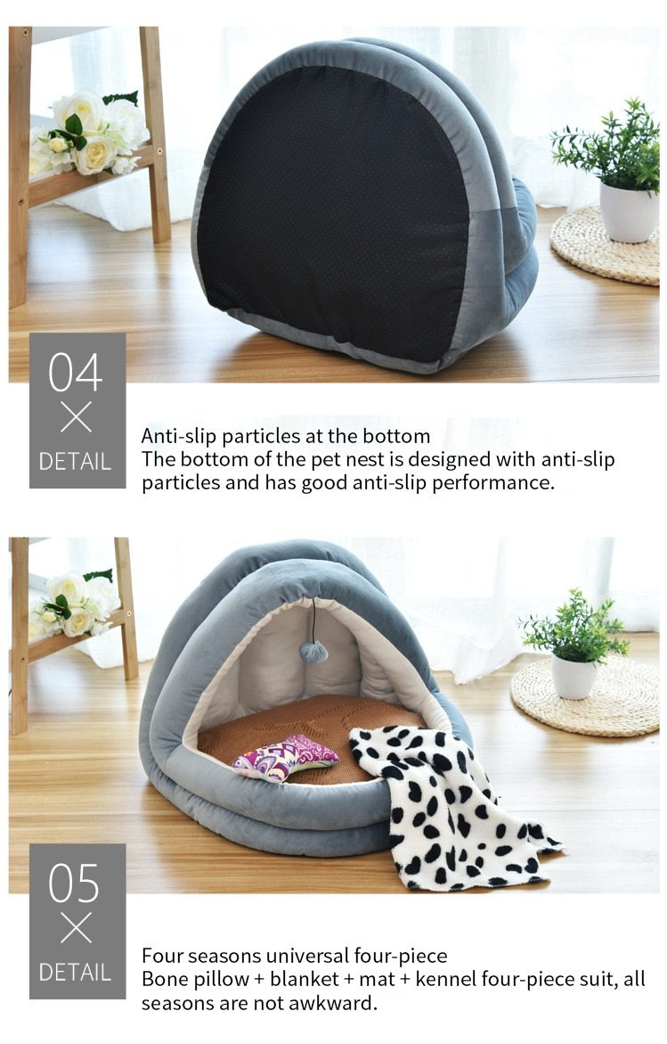 Soft Pet Cat Bed House with removable cushion, designed for winter comfort, featuring plush velvet material and cozy sleeping space for pets.