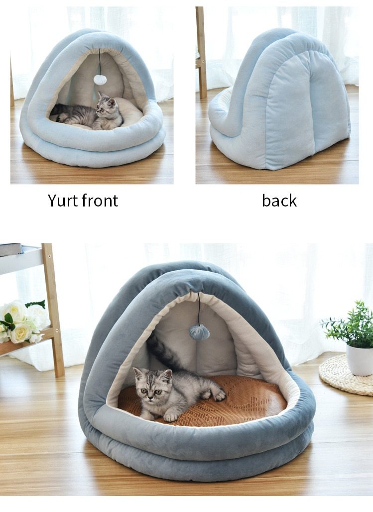 Soft Pet Cat Bed House with removable cushion, designed for winter comfort, featuring plush velvet material and cozy sleeping space for pets.