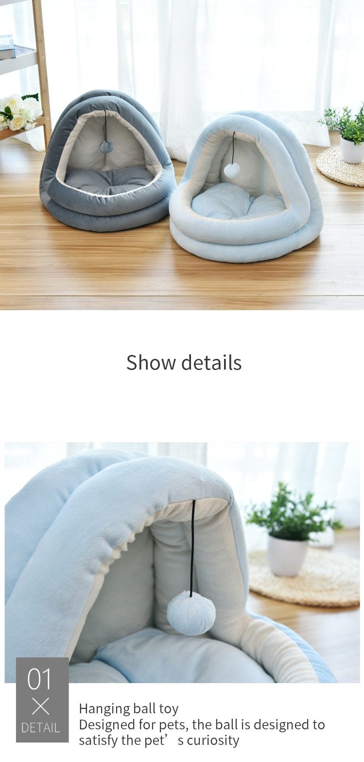 Soft Pet Cat Bed House with removable cushion, designed for winter comfort, featuring plush velvet material and cozy sleeping space for pets.