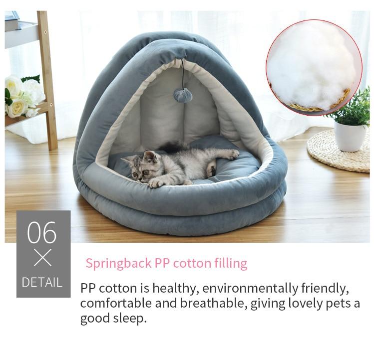 Soft Pet Cat Bed House with removable cushion, designed for winter comfort, featuring plush velvet material and cozy sleeping space for pets.