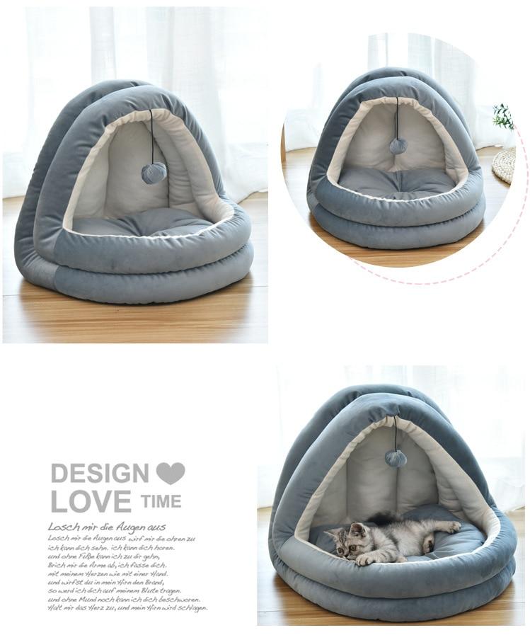Soft Pet Cat Bed House with removable cushion, designed for winter comfort, featuring plush velvet material and cozy sleeping space for pets.