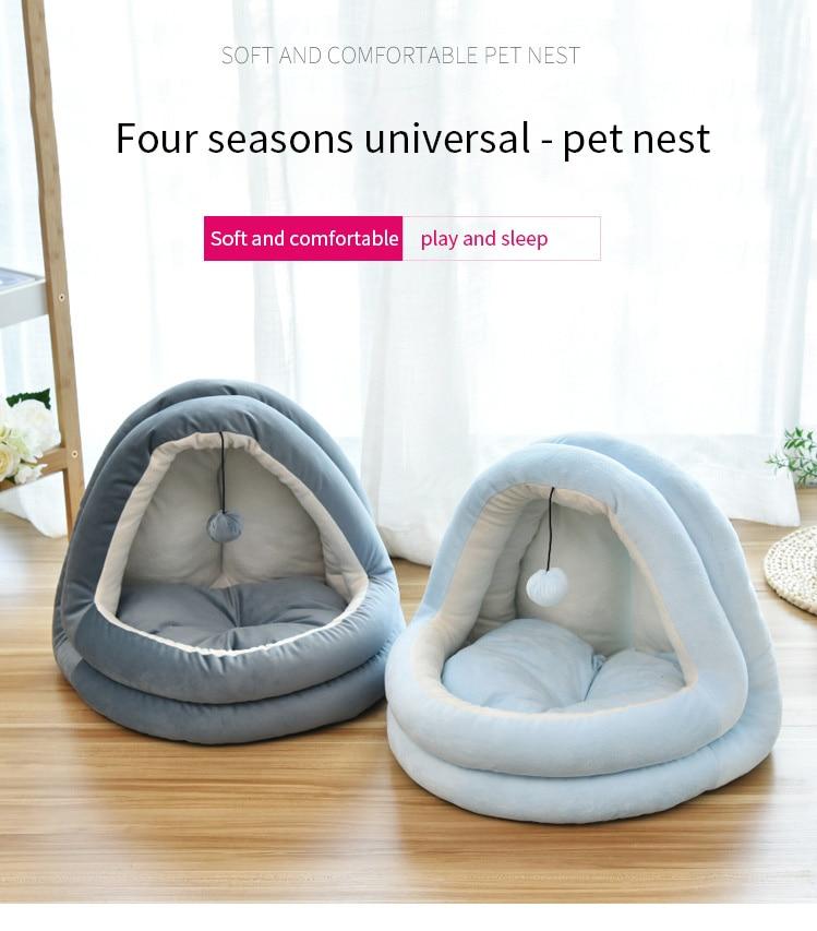 Soft Pet Cat Bed House with removable cushion, designed for winter comfort, featuring plush velvet material and cozy sleeping space for pets.