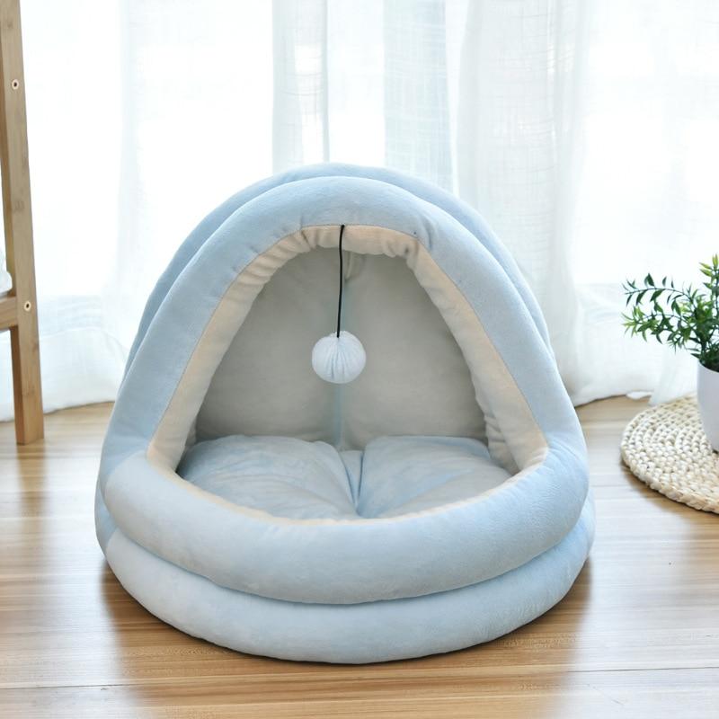 Soft Pet Cat Bed House with removable cushion, designed for winter comfort, featuring plush velvet material and cozy sleeping space for pets.
