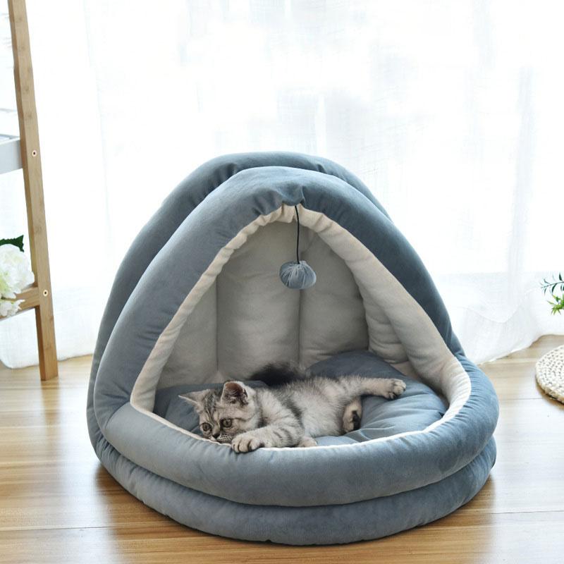 Soft Pet Cat Bed House with removable cushion, designed for winter comfort, featuring plush velvet material and cozy sleeping space for pets.