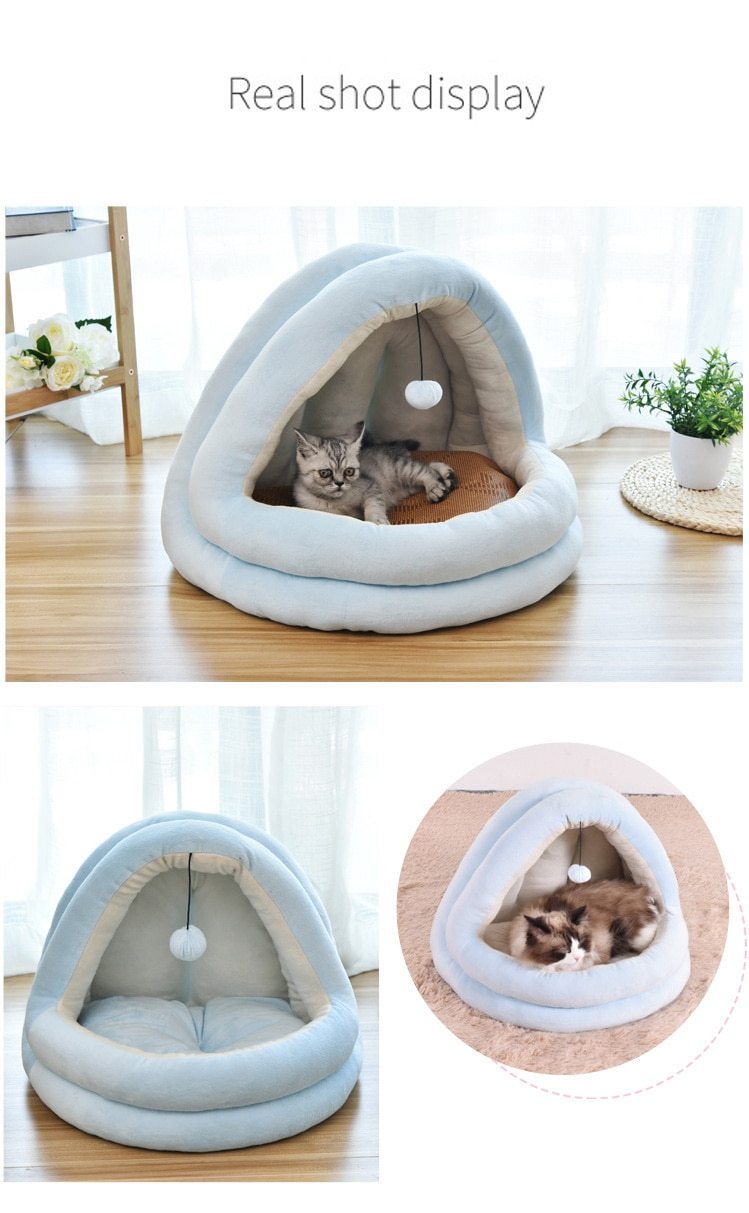 Soft Pet Cat Bed House with removable cushion, designed for winter comfort, featuring plush velvet material and cozy sleeping space for pets.