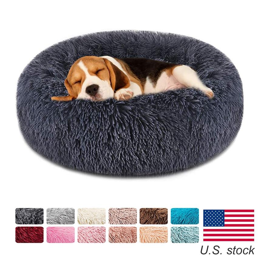 A soft, round dog bed made of plush coral fleece, designed for winter comfort, suitable for small and large dogs and cats.