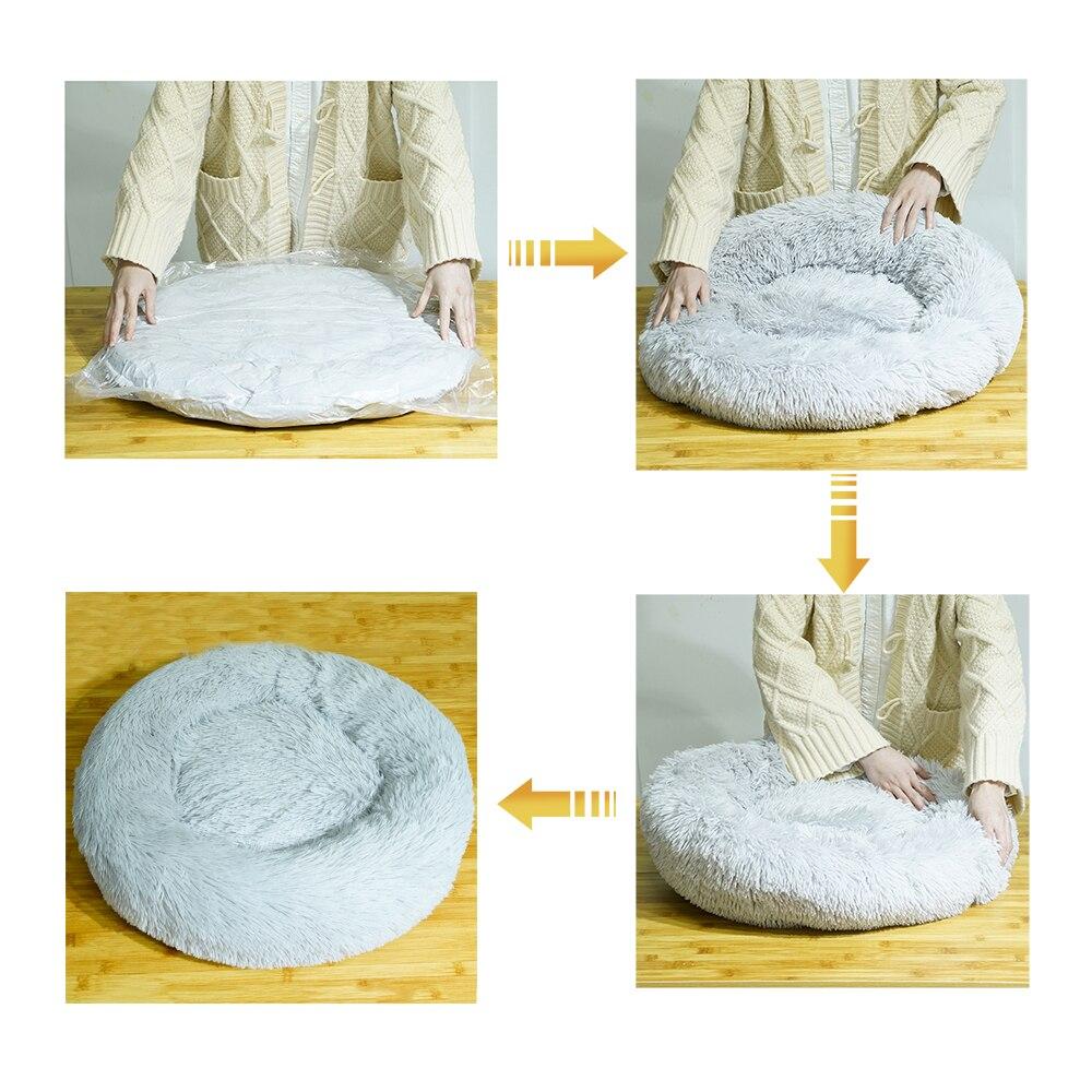 A soft, round dog bed made of plush coral fleece, designed for winter comfort, suitable for small and large dogs and cats.