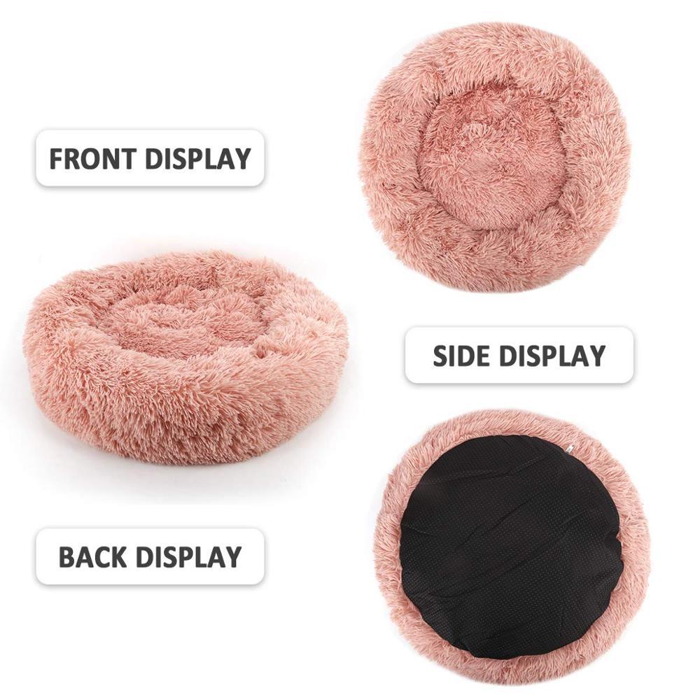 A soft, round dog bed made of plush coral fleece, designed for winter comfort, suitable for small and large dogs and cats.