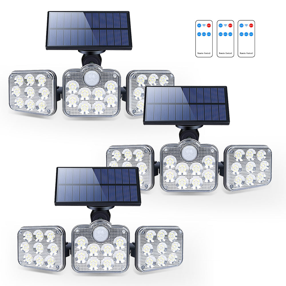 Solar outdoor lights with 138 LEDs and three adjustable heads for 360-degree illumination, designed for outdoor use.